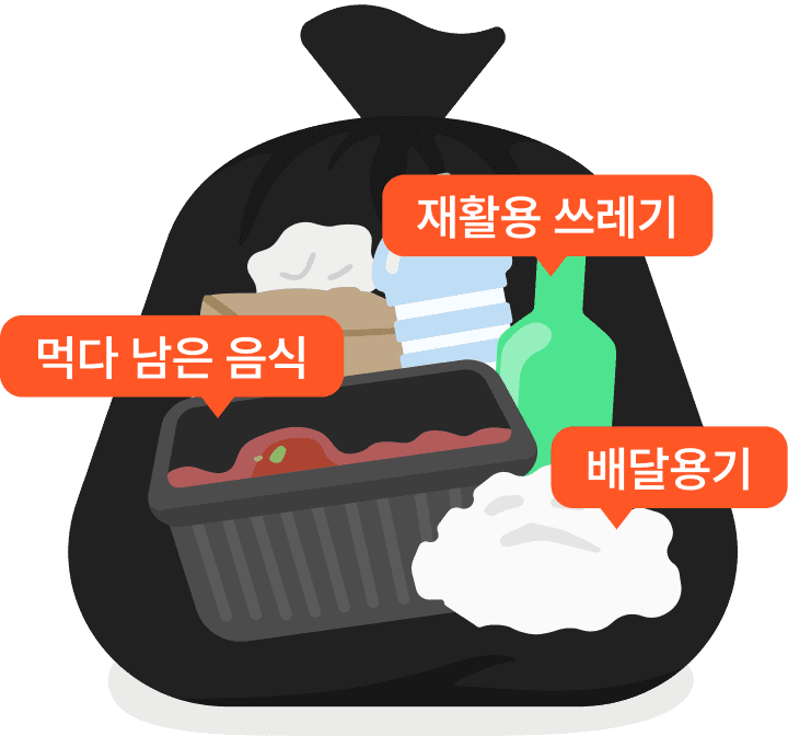 재활용 쓰레기, 먹다 남은 음식, 배달용기를 담은 봉투 일러스트